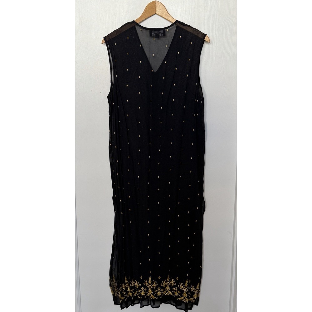Vintage 90s Laundry by Shelli Segal Sheer Rayon Gold Embroidered Duster Dress L - Picture 4 of 11